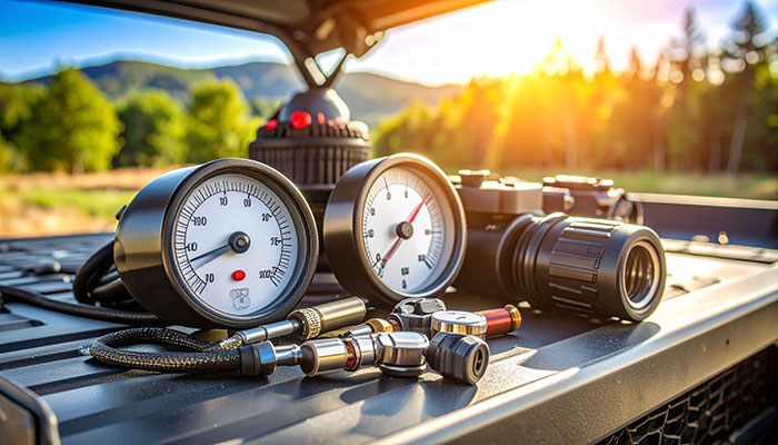 Off-road tire pressure gauge and deflator tools on tailgate