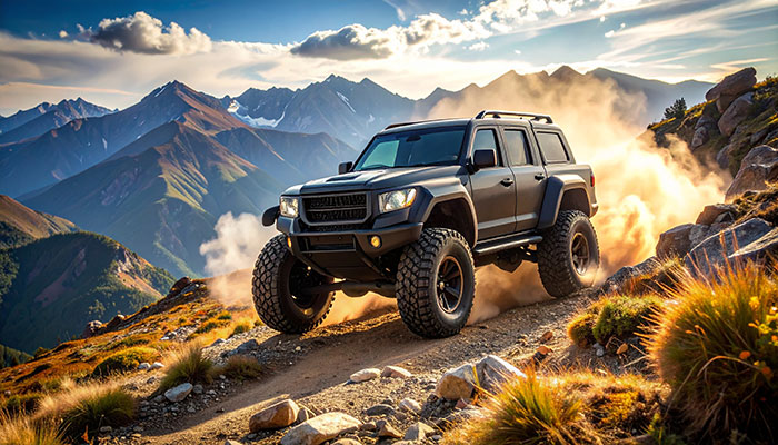 Lifted off-road truck with custom wheels navigating rocky trail