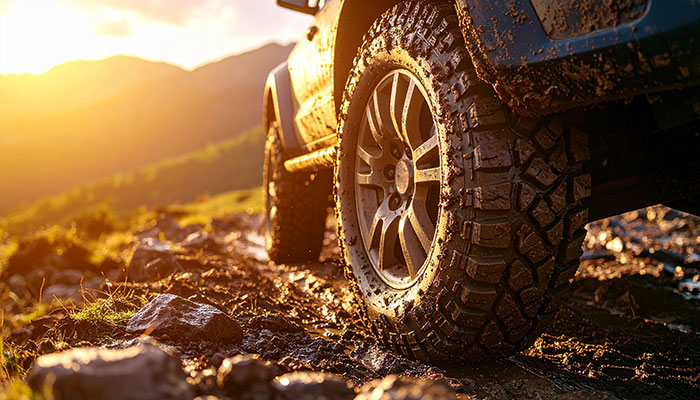 Aggressive off-road wheel design with mud splatter on rocky terrain